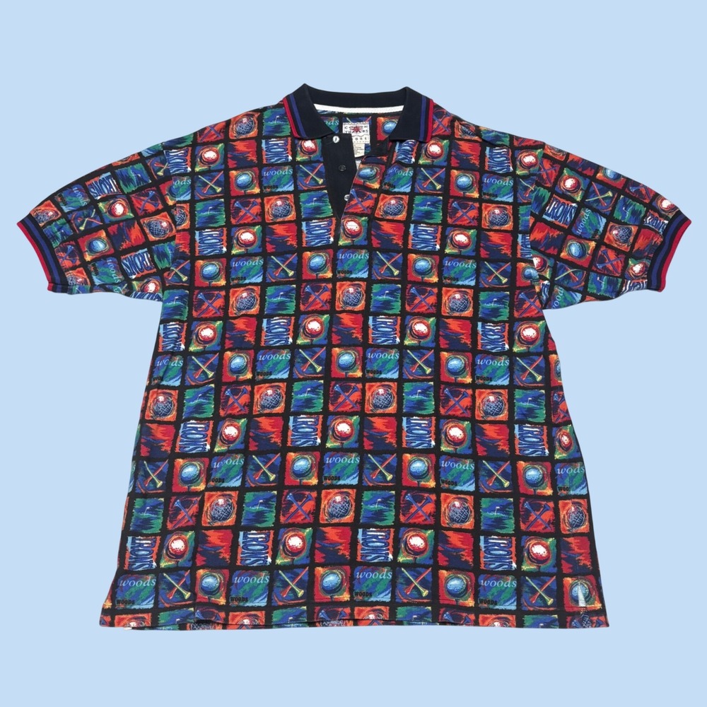 Cotton Traders Sport Mens Golf Print Polo Shirt Large Black Multi Color Cotton